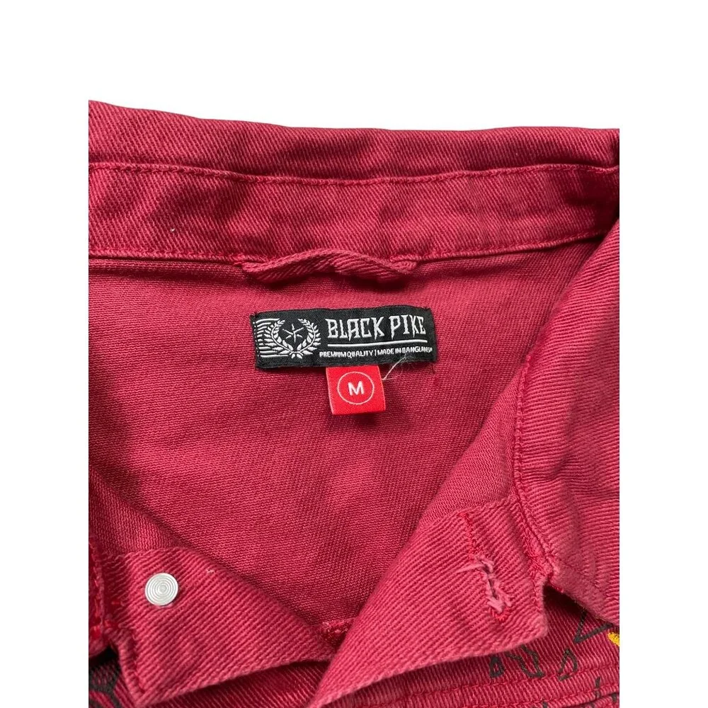 Black Pike Womens Red Denim embroided graphic jacket size M SKU 9178 - Picture 5 of 13